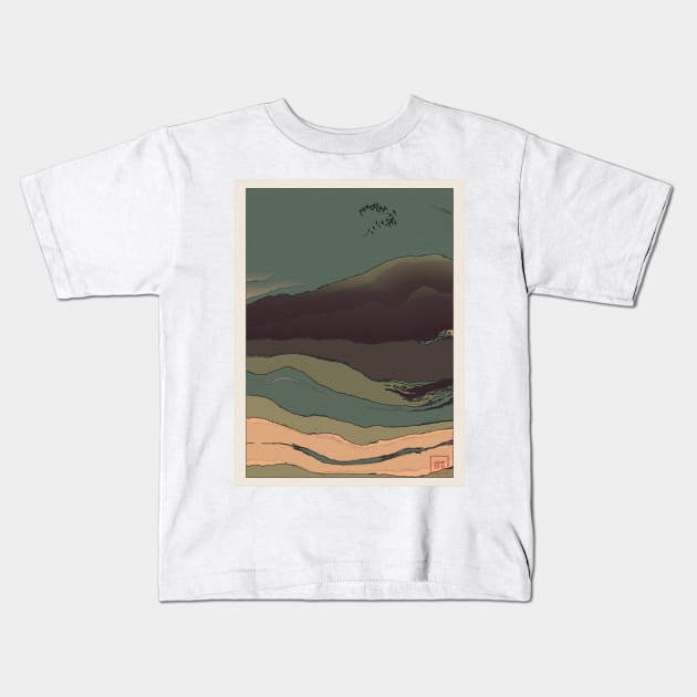 Abstract Landscape with birds flying over it – Ukiyo e style Kids T-Shirt by regnumsaturni